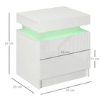 HOMCOM White Bedside Table with LED Light, High Gloss Front Nightstand with 2 Drawers, for Living Room, Bedroom - Borgè