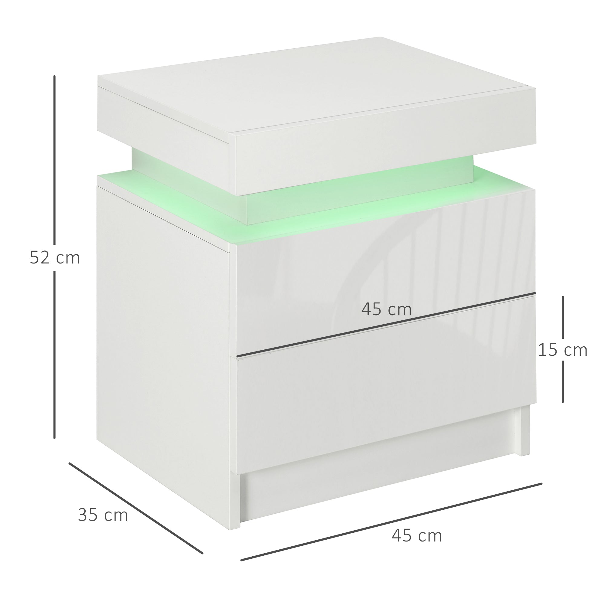HOMCOM White Bedside Table with LED Light, High Gloss Front Nightstand with 2 Drawers, for Living Room, Bedroom - Borgè