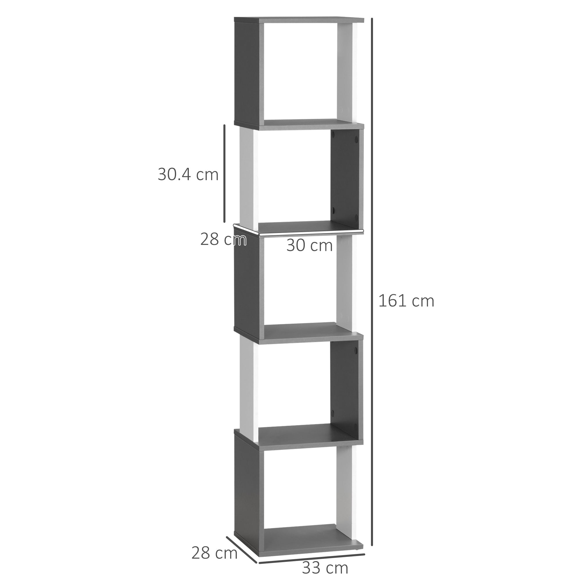 Homonda Modern Library Book Dediced 5 Wooden shelves, 33x28x161cm, Grey and White - Borgè