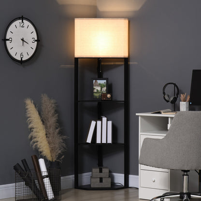 Black Corner Modern Ground Lamp with Shelves and Beige lampshade in fabric | 50x37x159cm