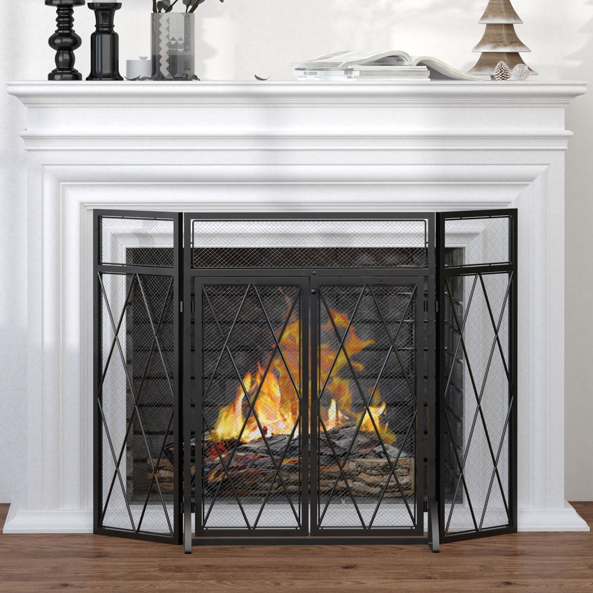 Metal Fireplace Fireplace Parascints with 3 Folding Panels and 2 Doors, 120x11.5x79cm - Black - Borgè