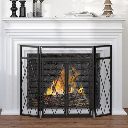 Metal Fireplace Fireplace Parascints with 3 Folding Panels and 2 Doors, 120x11.5x79cm - Black