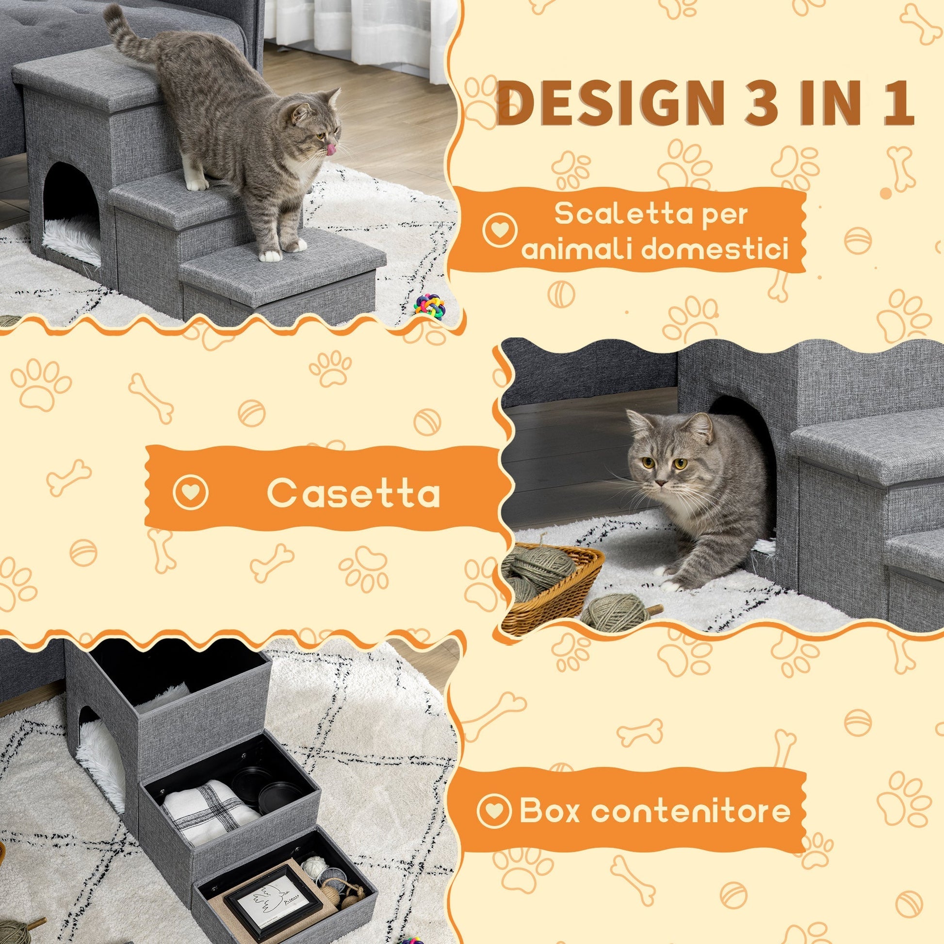 Pawhut Scaletta for dogs and cats 10kg max 3 steps with dog house and storage space, 73.5x33x40.5 cm, Grey - Borgè