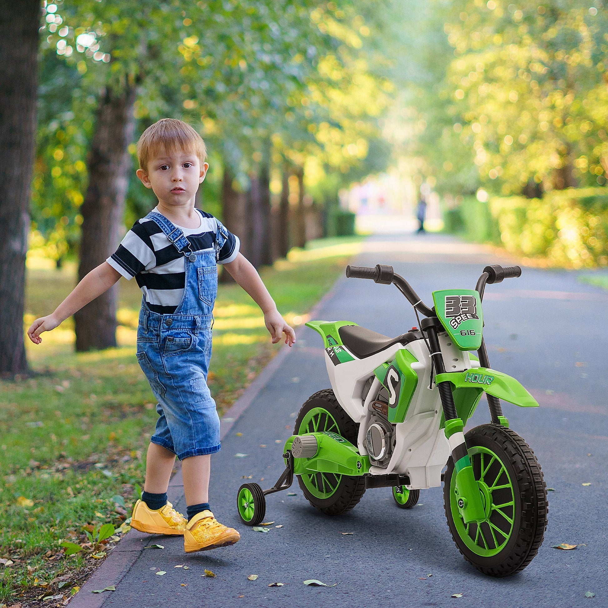 electric cross motorcycle for children for 3-5 years, rechargeable 12V battery and removable wheel, 106.5x51.5x68cm, green - Borgè