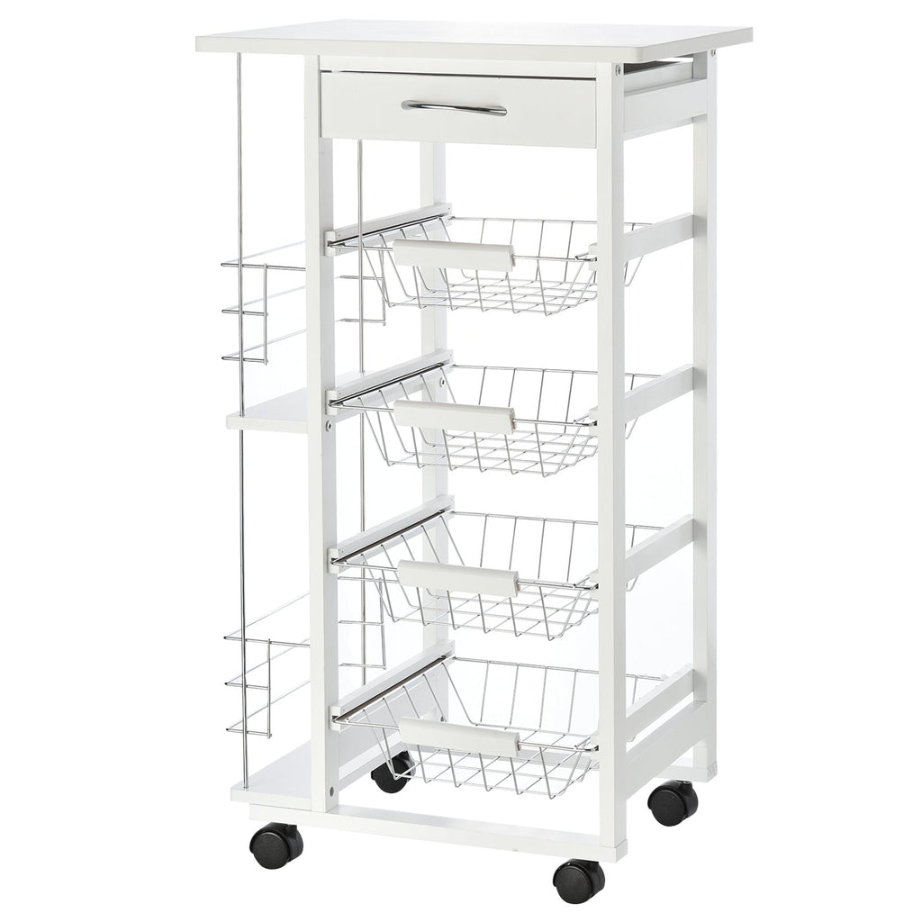 white wooden kitchen trolley with 1 drawer and 4 metal baskets - Borgè