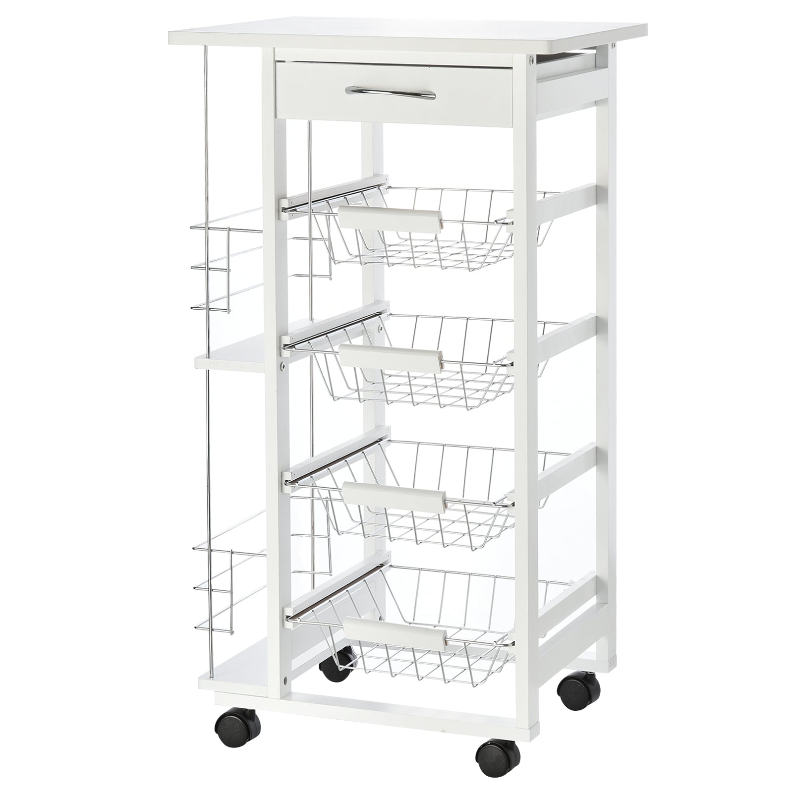 white wooden kitchen trolley with 1 drawer and 4 metal baskets - Borgè