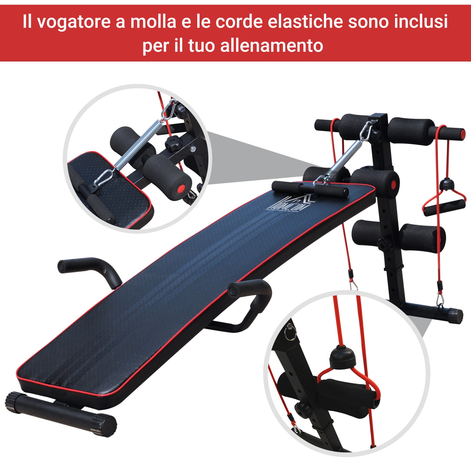 Multifunction bench for training at home, abdominal bench tilt with spring voting and adjustable back and 2 elastic strings, 55.5 x 137.5 cm black - Borge' Group Limited