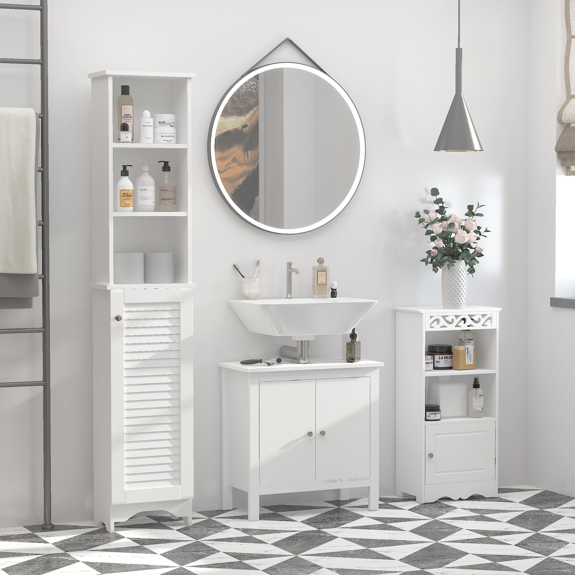 Homcom Bathroom Column with 3 -level shelf and locked locker, in MDF and chipboard, 34x20x165 cm, white - Borgè