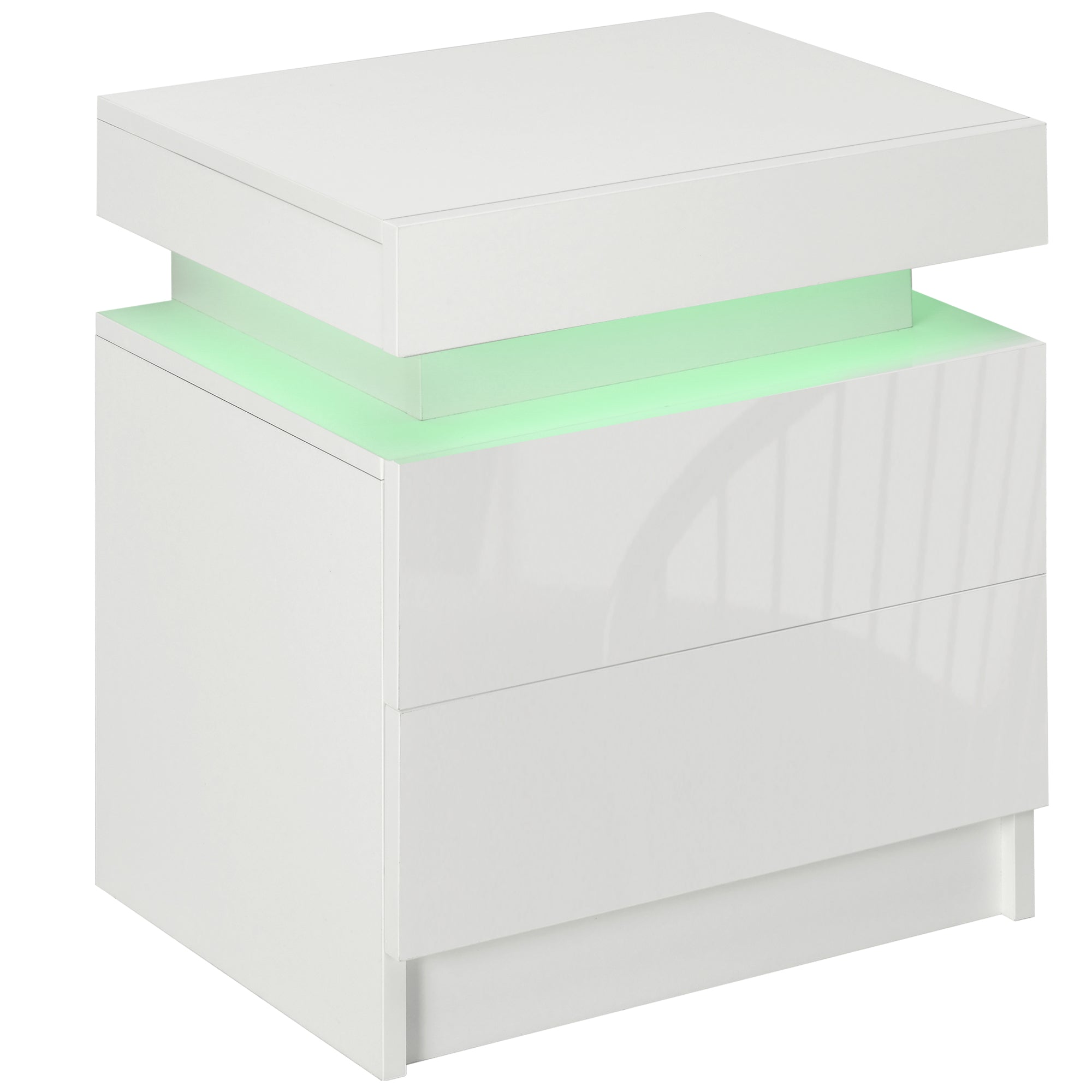 HOMCOM White Bedside Table with LED Light, High Gloss Front Nightstand with 2 Drawers, for Living Room, Bedroom - Borgè