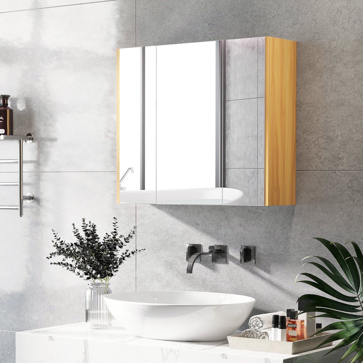 kleankin 3 -door bathroom mirror cabinet with adjustable shelves, 68x22x60cm, white - Borgè