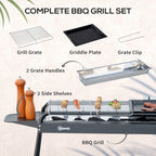 Charcoal Barbecue with Grill and Steel Plate with Side Shelves, 113x59x83.5cm, Black - Borge' Group Limited