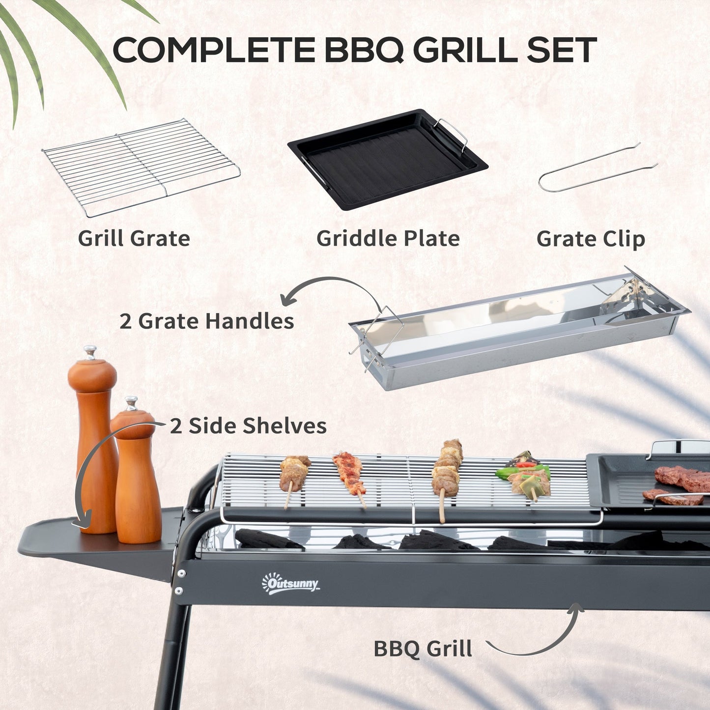 Black Charcoal Barbecue with Grill and Steel plate with Side Shelves - Borgè