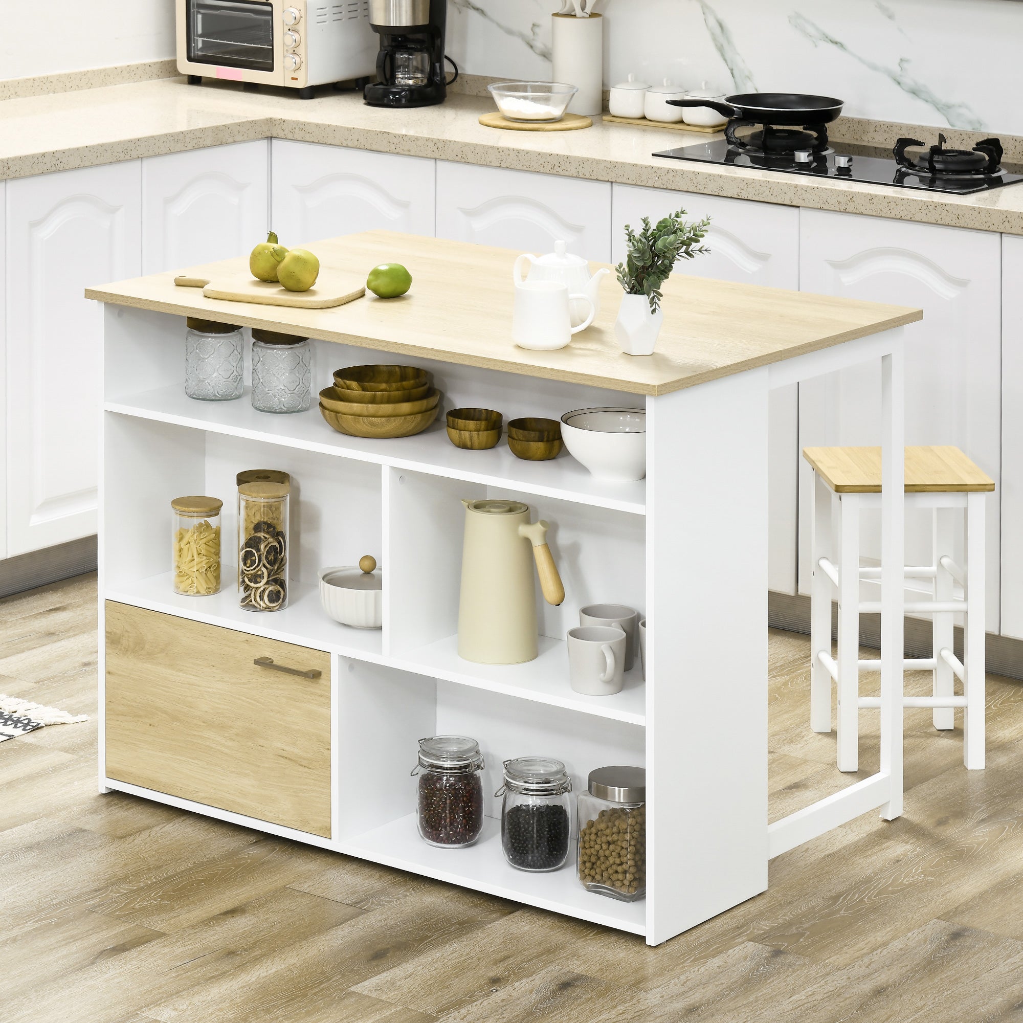 Homcom Modern Bar Table in MDF for 2 people with 4 open shelves and locker, 116x79.5x91 cm - Borgè