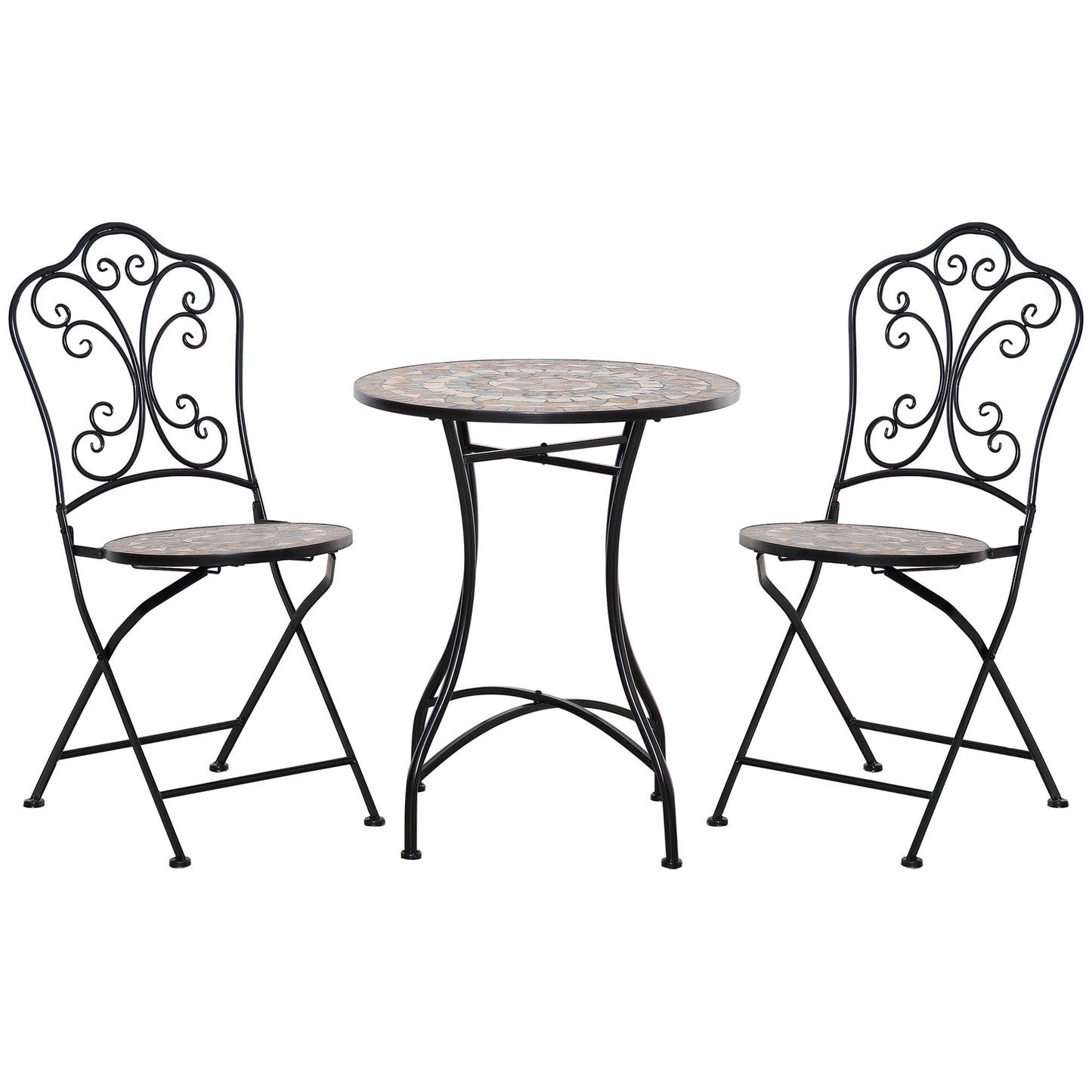 Outsunny 3 -piece garden furniture set with 2 folding chairs and ceramic coffee table and metal, black - Borgè