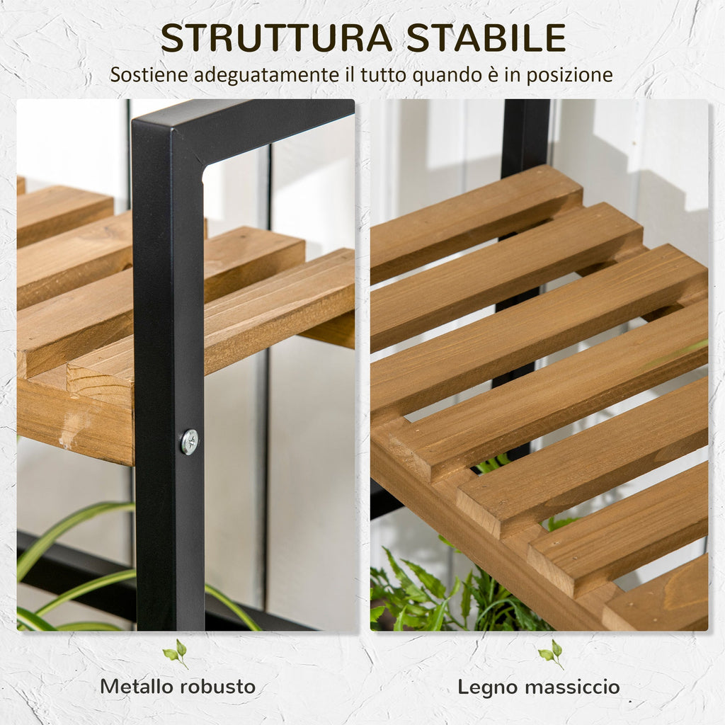 3-Tier Flower Stand with Top Hooks Fir Wood and Metal for Indoor and Outdoor, 80x36x174 cm - Borge' Group Limited