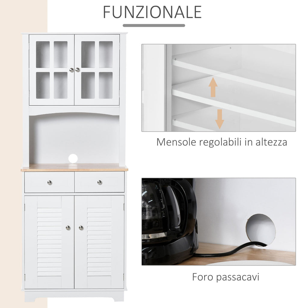 High Credenza For Kitchen, White Wood Buffet Mobile, Classic style, white, 68x39.5x170cm - Borgè