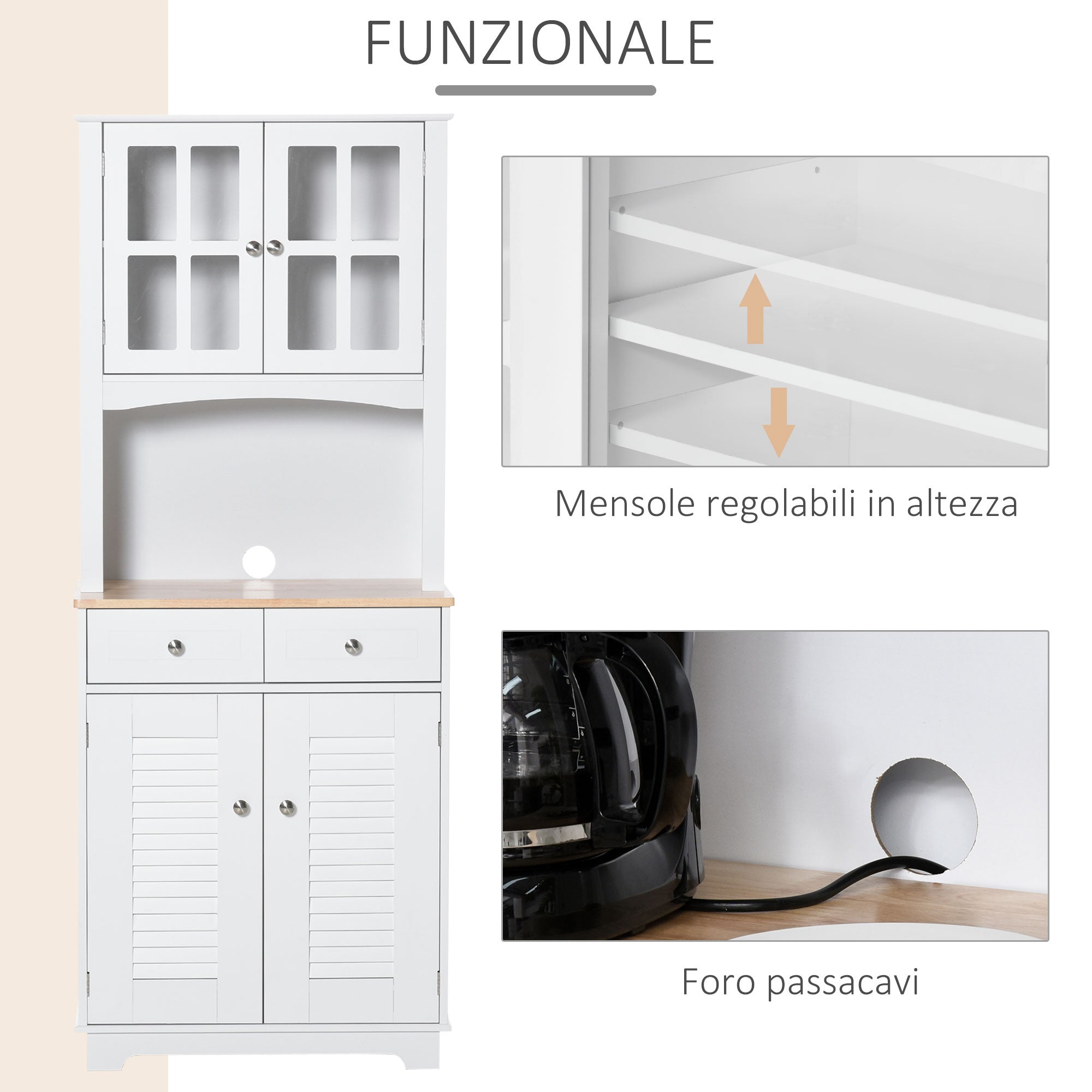 High Credenza For Kitchen, White Wood Buffet Mobile, Classic style, white, 68x39.5x170cm - Borgè