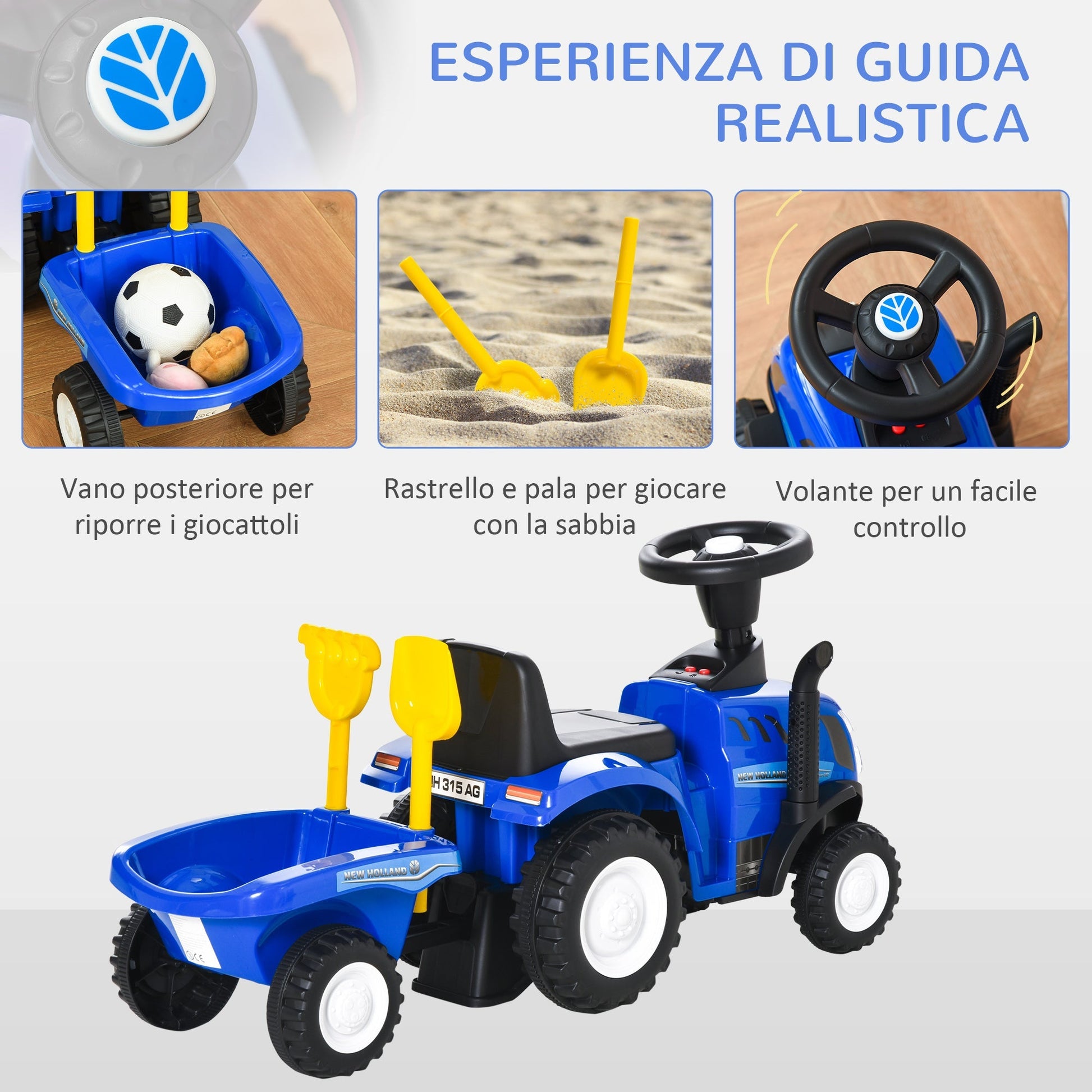 tractor for children rideable with trailer, rake and blade 12-36 months - blue - Borgè