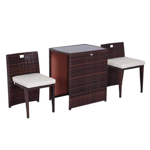 2-Piece Space-Saving Rattan Garden Furniture Set with 1 Table and 2 Chairs with Cushions, Brown and Beige - Borge' Group Limited