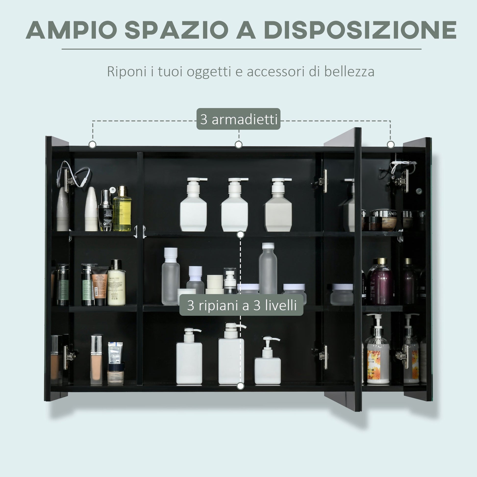 kleankin cabinet with mdf wall mirror cabinet with 3 lockers, 3 shelves and LED light, 90x15x65 cm, black - Borgè