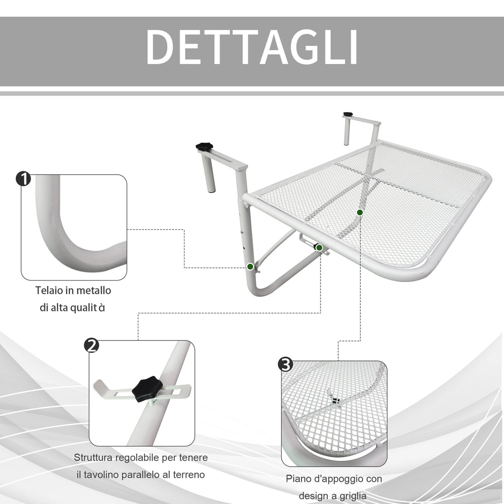 3-Tier Adjustable Height Railing Table with Hooks, Metal, 60x56.5x45 cm, White - Borge' Group Limited
