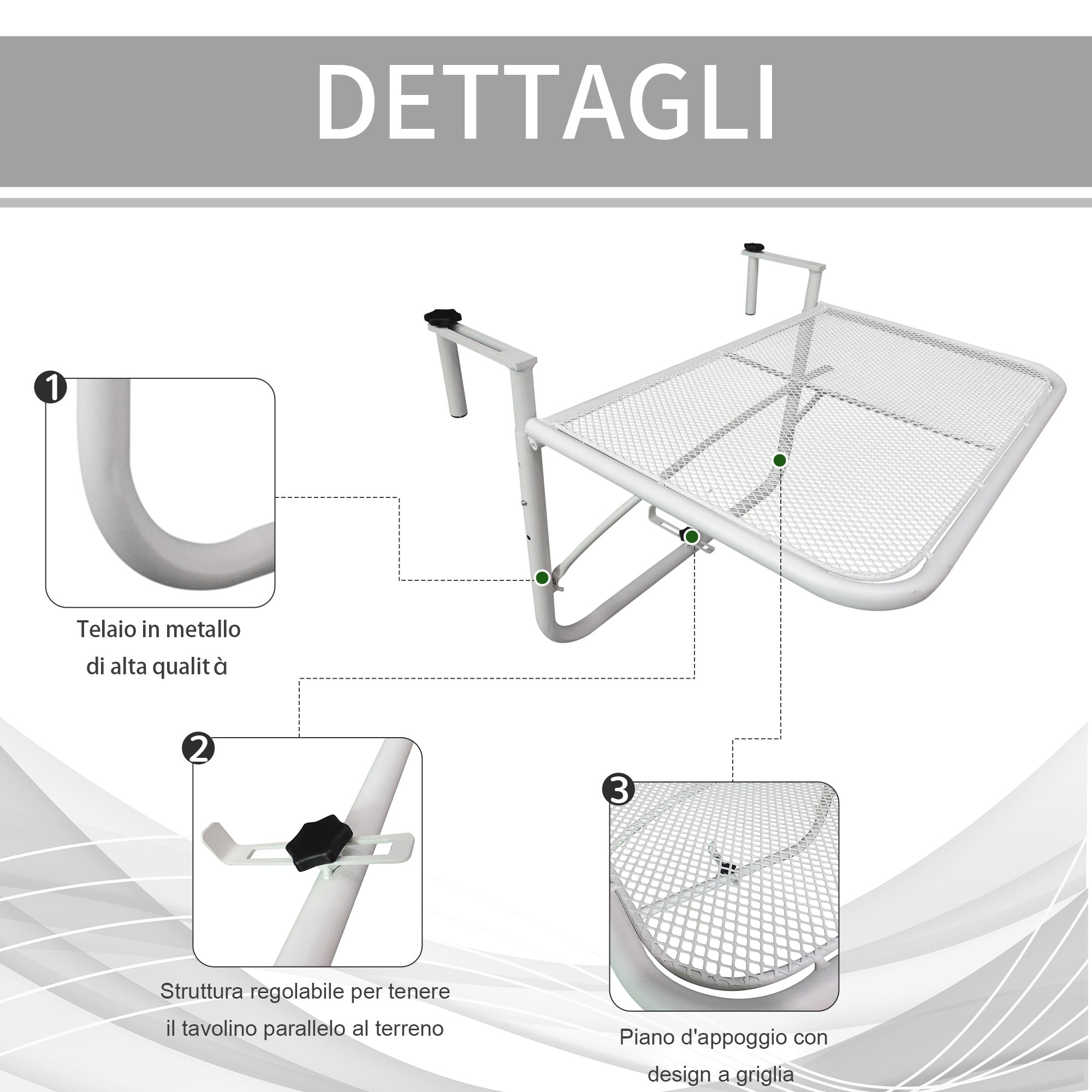 3-Tier Adjustable Height Railing Table with Hooks, Metal, 60x56.5x45 cm, White - Borge' Group Limited