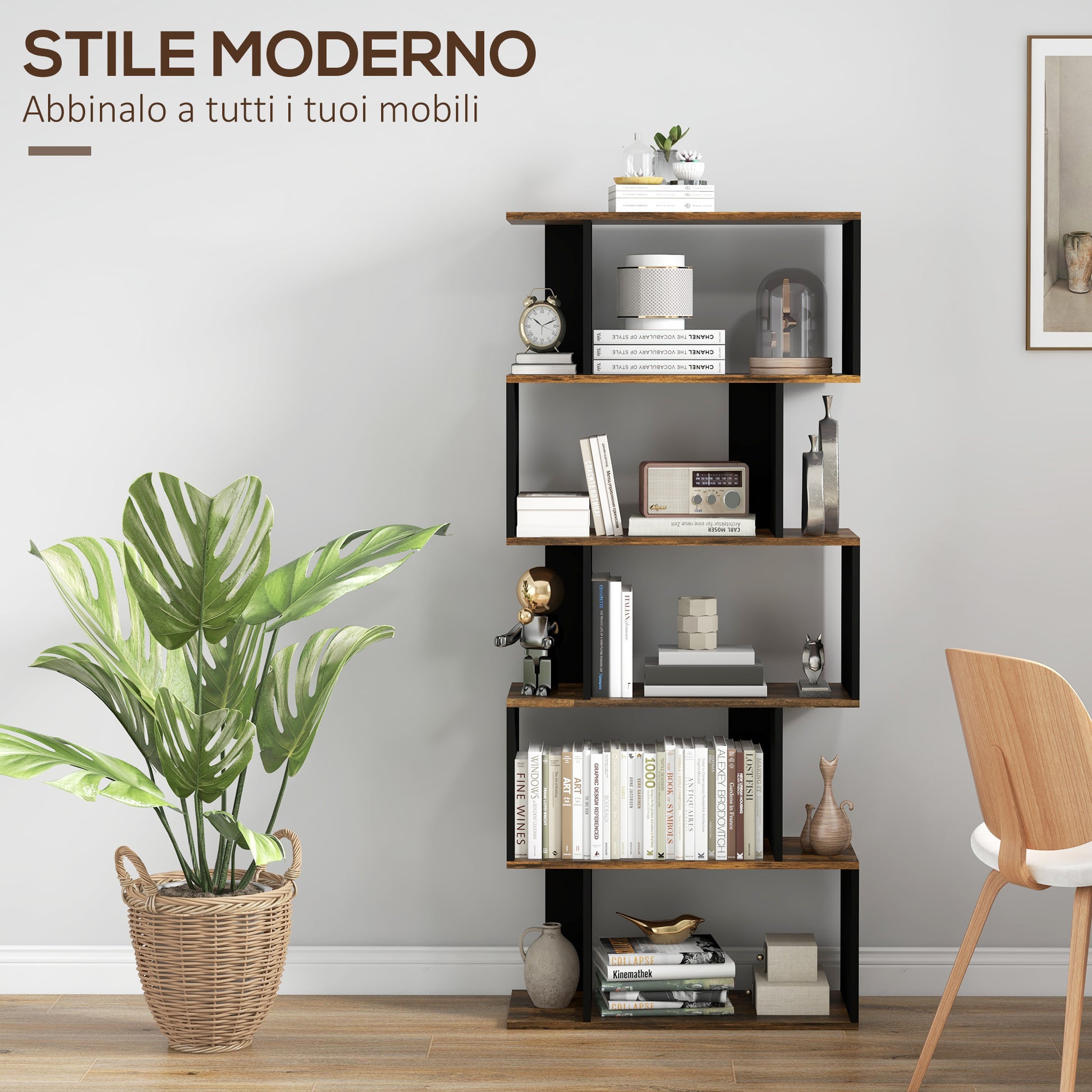 Homonda Modern Asymmetrical Wall Library with 5 Wooden shelves, 70x29.5x163cm, Rustic brown - Borgè