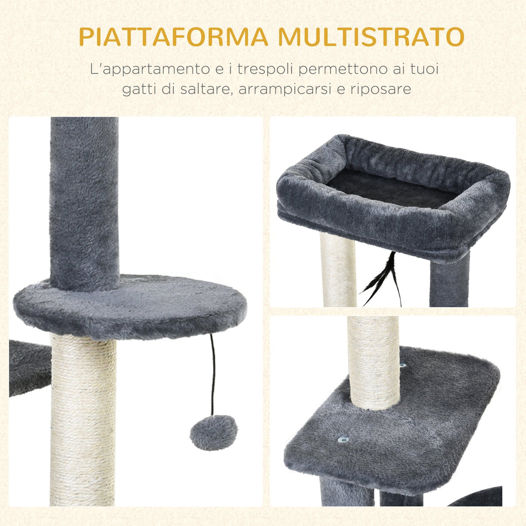 Cat Tree for cats with Scratch Pole with Bed, and 2 shelves, white and Grey, 48x35x100cm - Borge' Group Limited