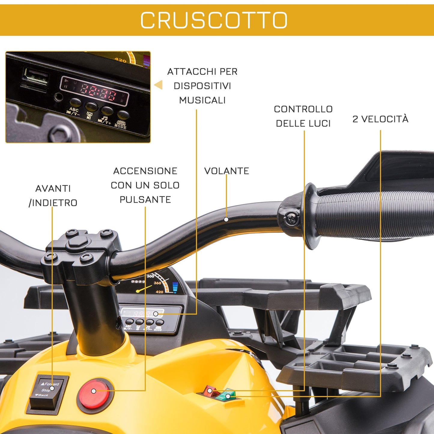 Quad for 12V electric children with headlights and rechargeable battery, age 3-5 years, 100x65x73cm, yellow - Borgè