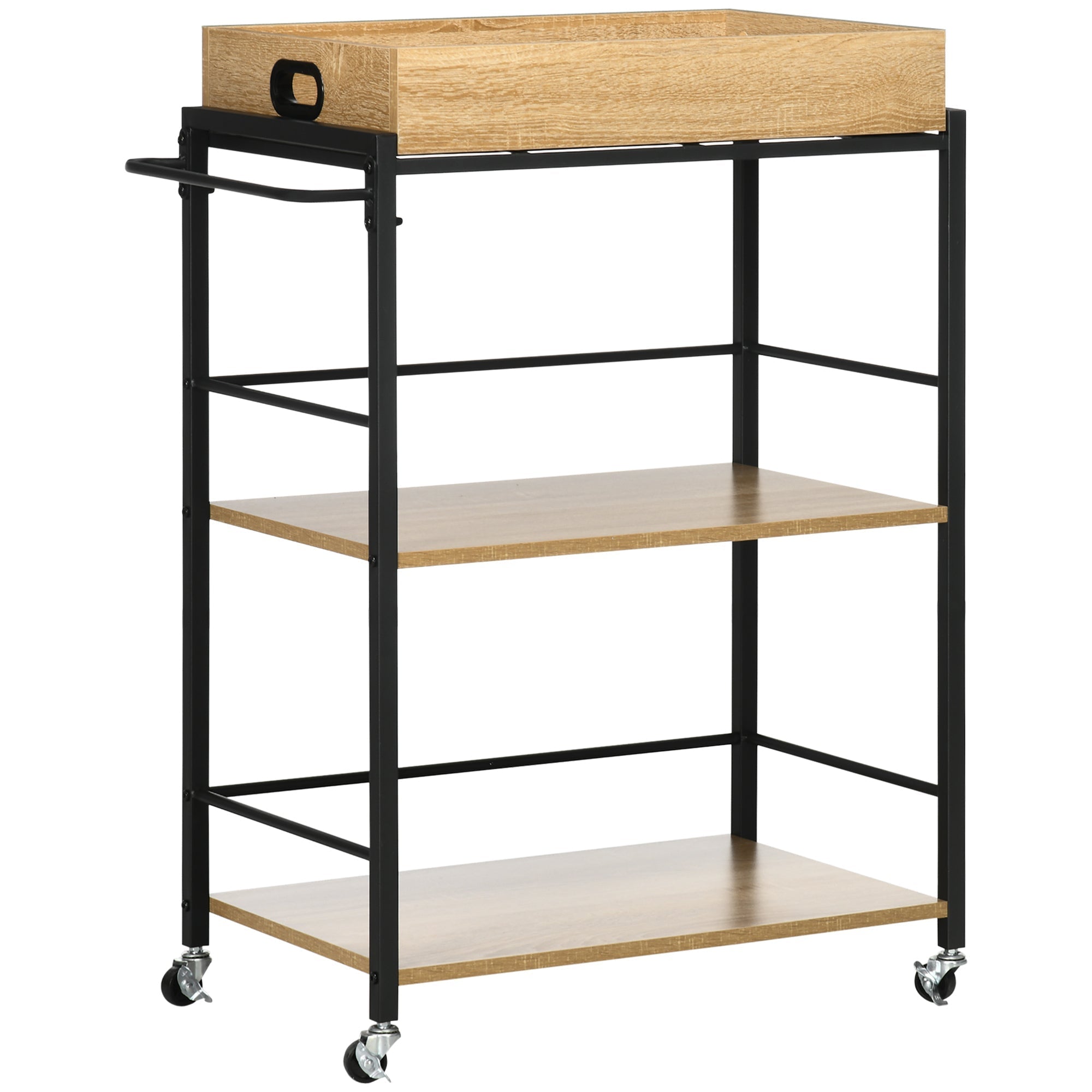 kitchen trolley with 3 shelves with removable tray and swivel wheels, 72x40x94cm, wood and black - Borgè