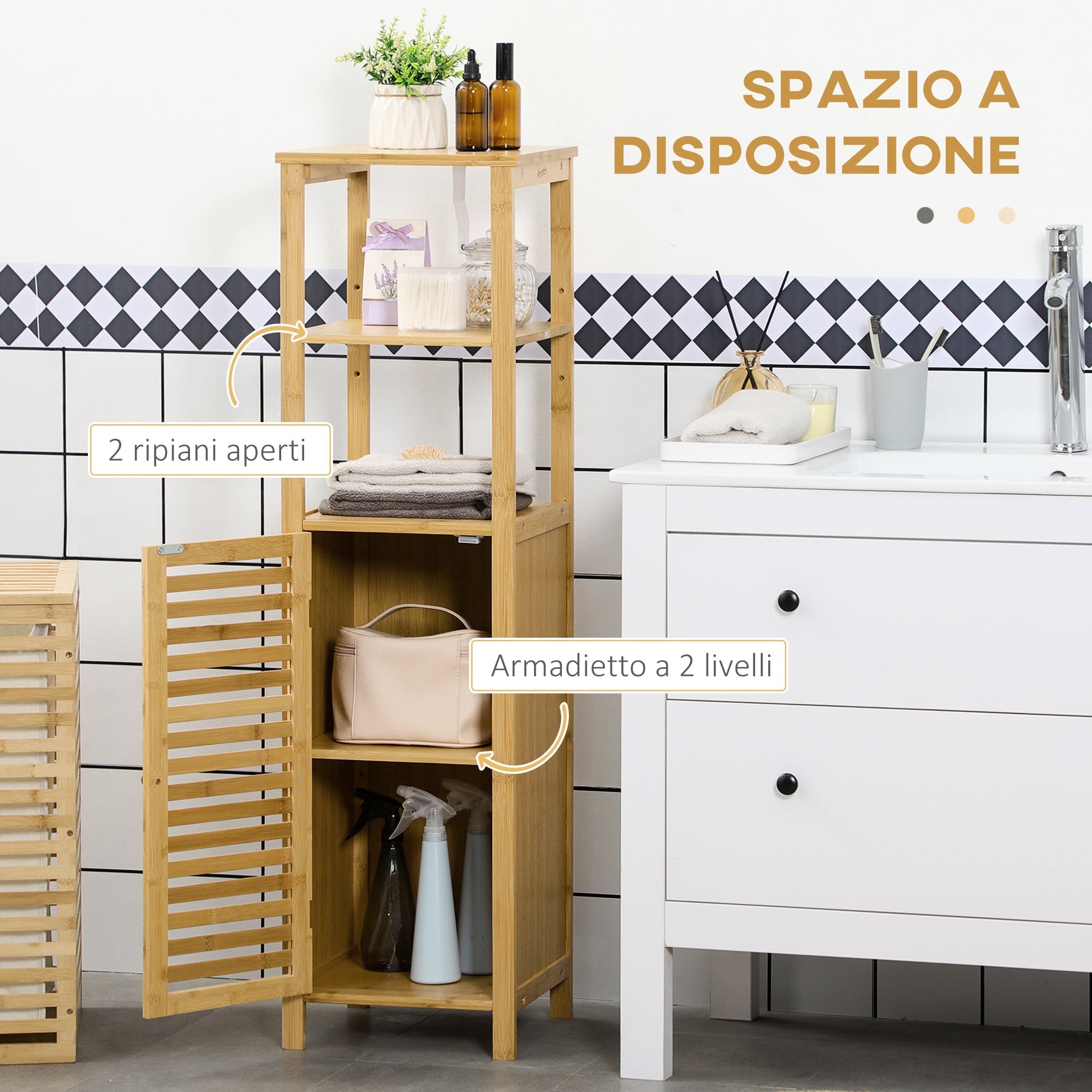 kleankin bamboo bathroom cabinet with 2 open shelves and 2 -level locker, 32.9x29.9x120 cm - Borgè