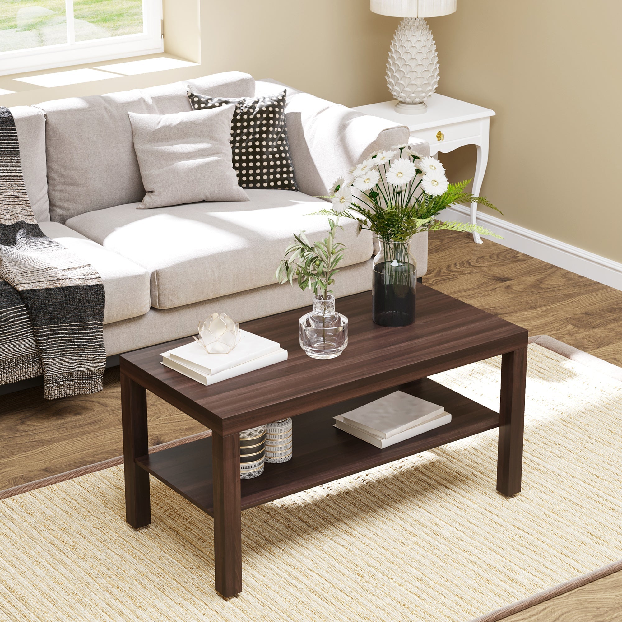 Homcom classic rectangular lounge table with wooden storage shelf 90 Ã— 45 Ã— 44.5cm - Borgè