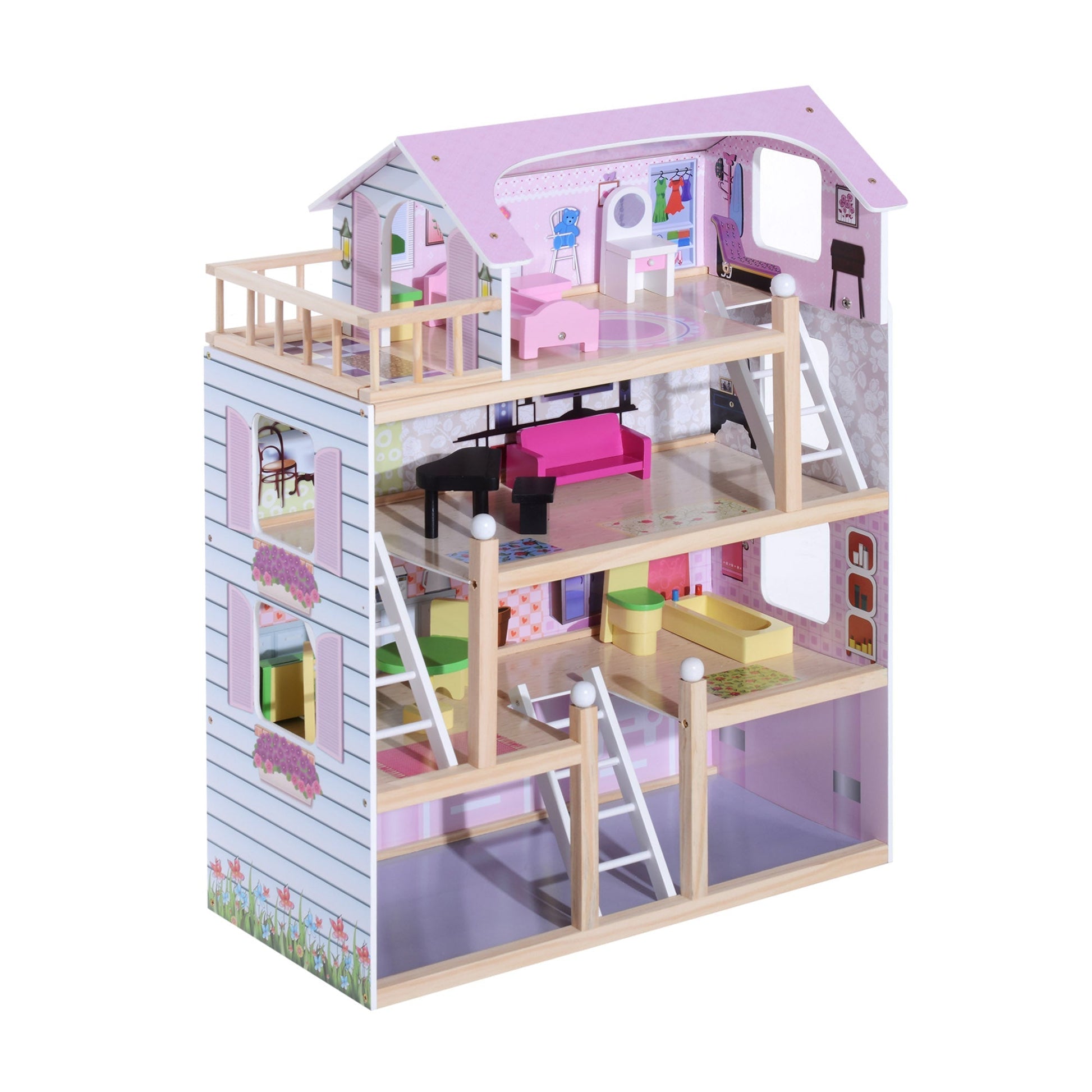 House of Children's Dolls 3+ Years in Pino wood and 4 -storey MDF with 13 accessories, pink, 60x30x80 cm - Borgè