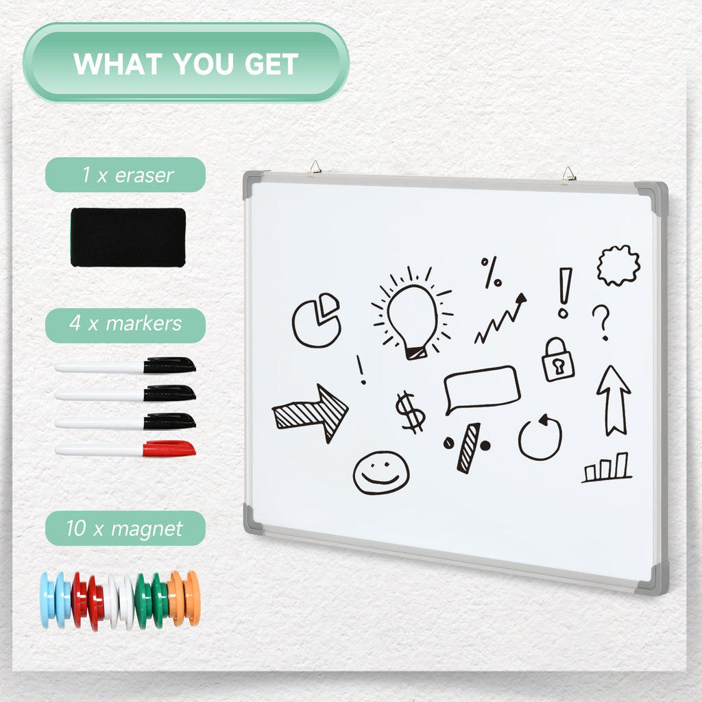 rectangular white magnetic whiteboard with 4 markers, 1 rubber and 10 magnets included, 90x60x1.8 cm - Borgè