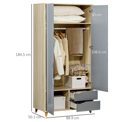 Wardrobe for Bedroom with 2 doors, 3 shelves and 2 drawers | 88.9x50.1x184.5 cm - Borgè