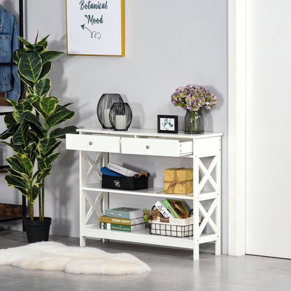 table console with 2 drawers and 2 shelves, entrance hall and living room in mdf, 100x30.5x80cm, white - Borgè