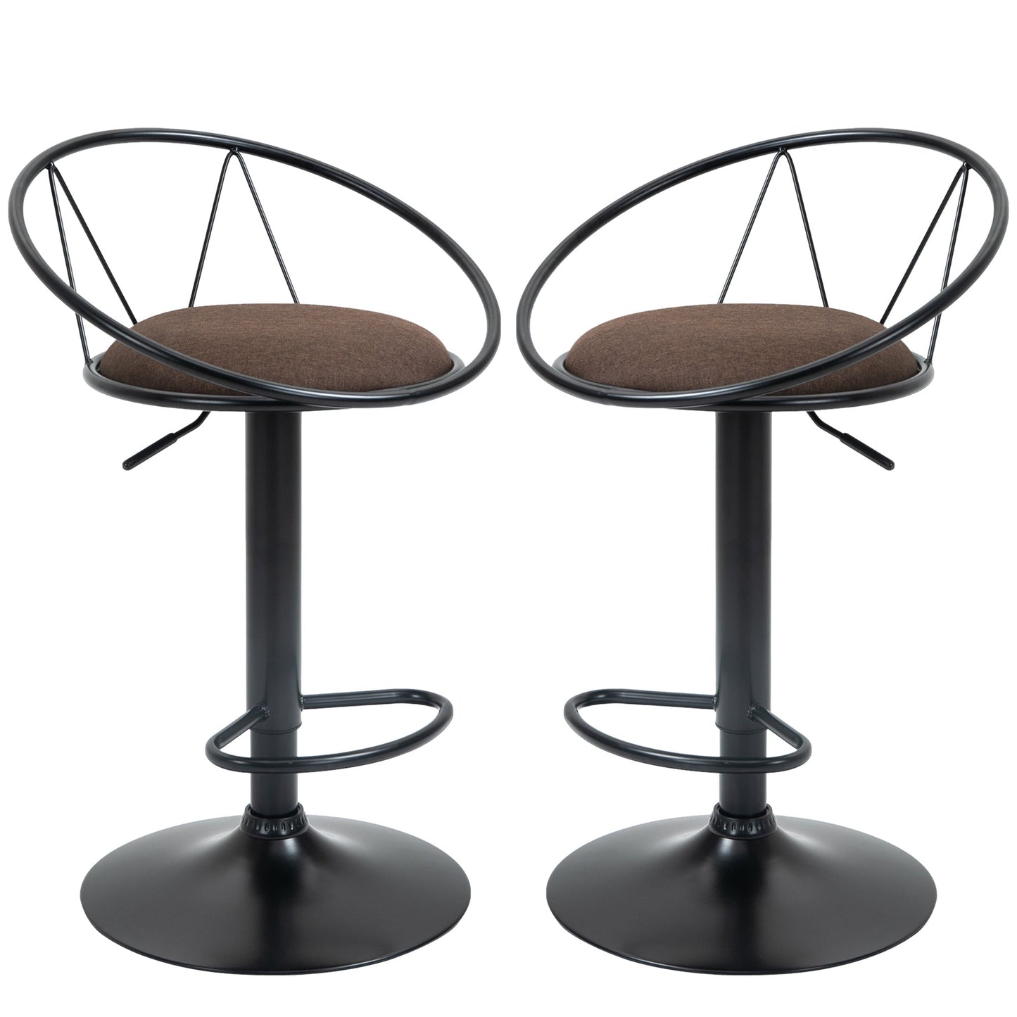 Set 2 swivel bar stools with footrests, adjustable height and padded seat, brown - Borgè