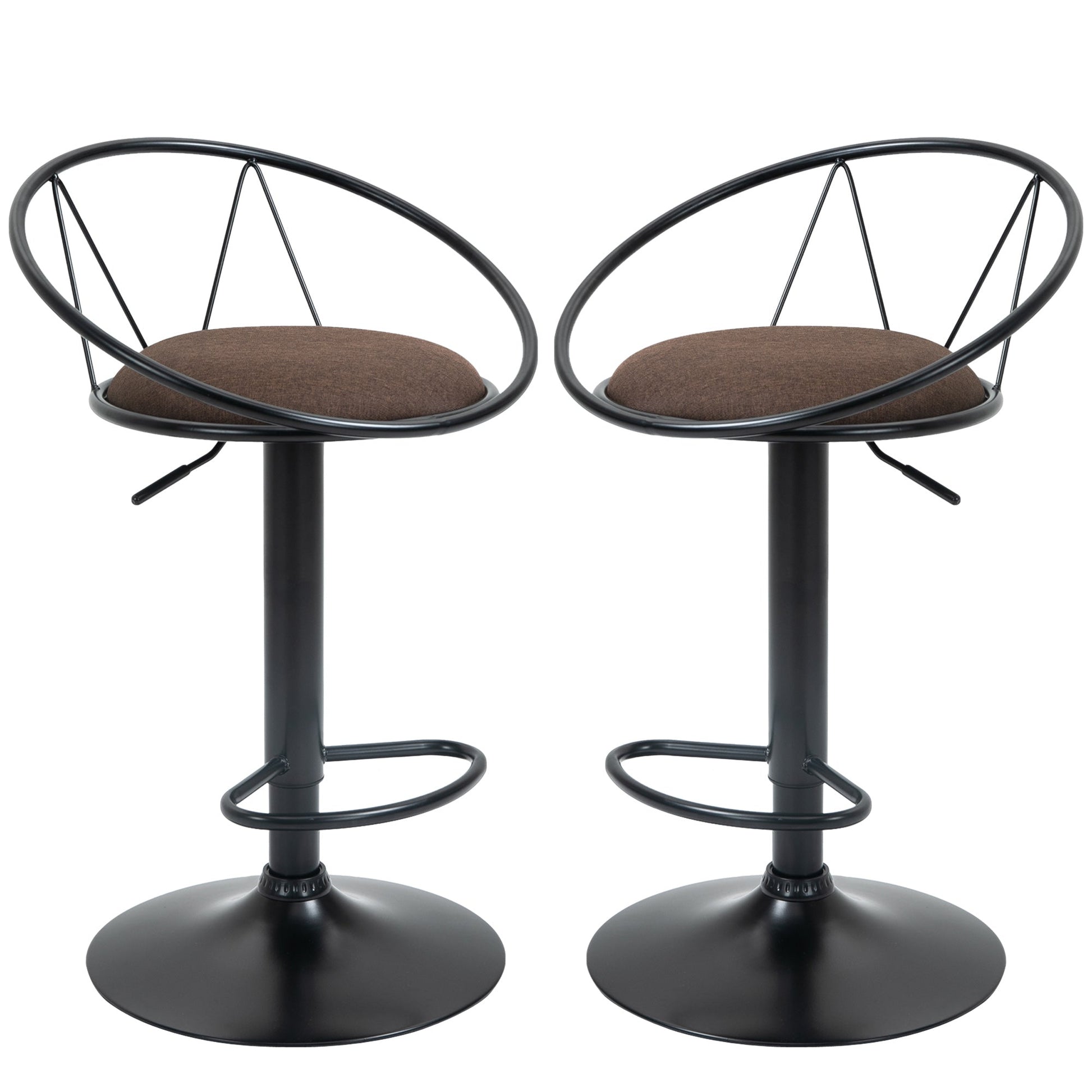 Set 2 swivel bar stools with footrests, adjustable height and padded seat, brown - Borgè