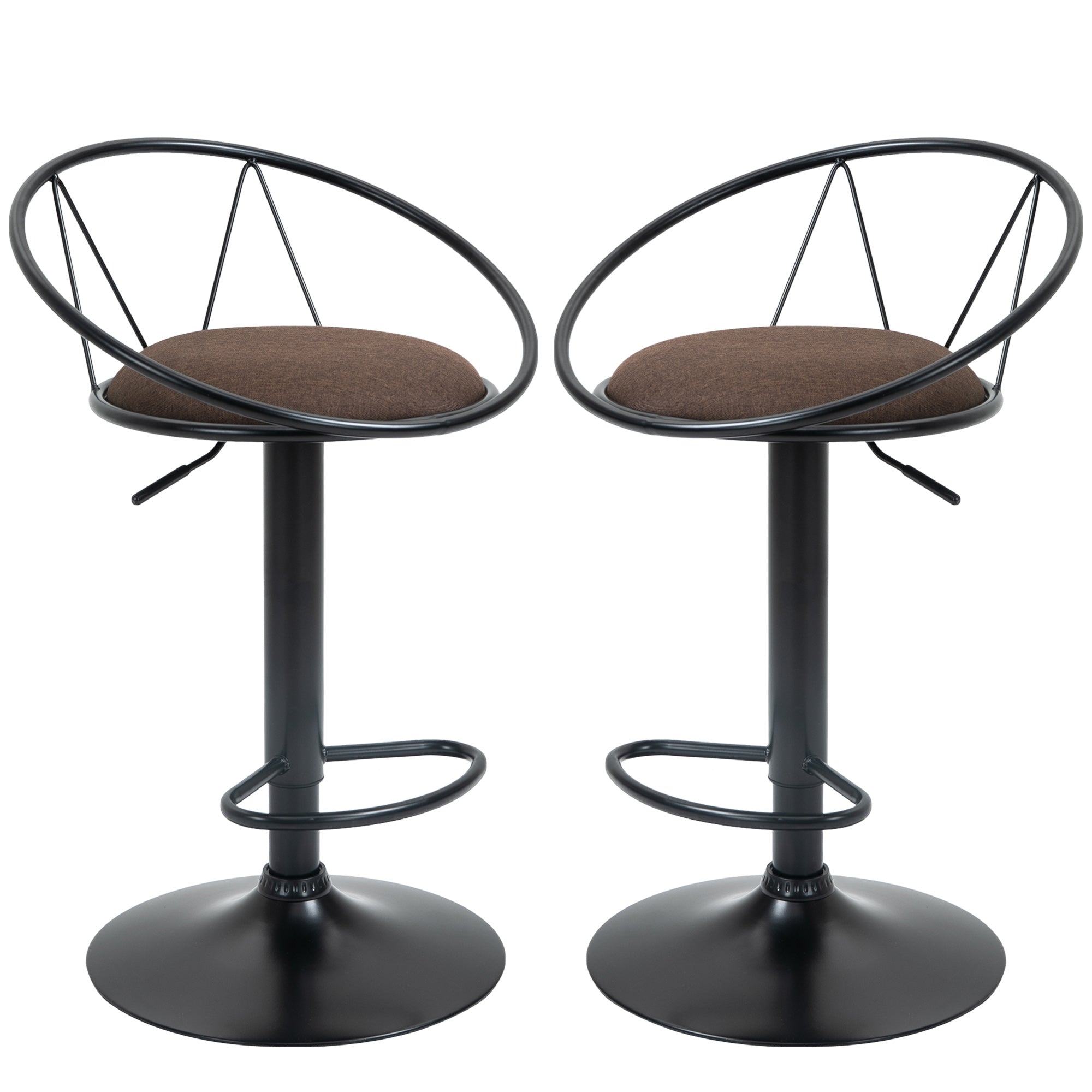 Set 2 swivel bar stools with footrests, adjustable height and padded seat, brown - Borgè