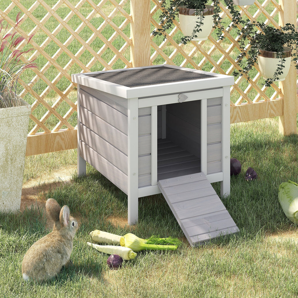 Outdoor Wooden Rabbit Cage with Asphalt Roof and Non-Slip Ramp, 42x51x43cm, Grey - Borge' Group Limited