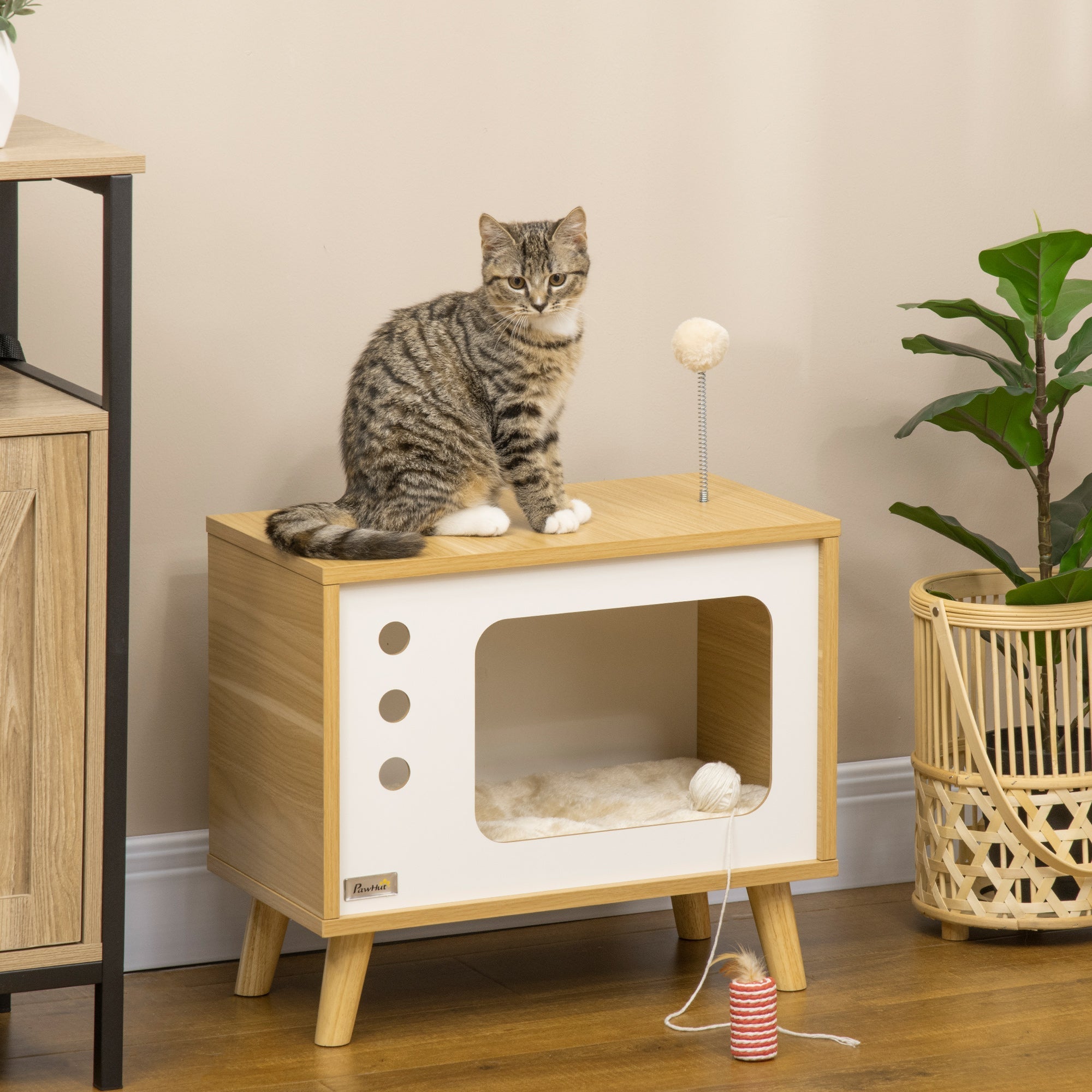 Chipboard Cat House in the Shape of a TV with Cushion and Toy Ball, 50x28x43 cm - Borge' Group Limited