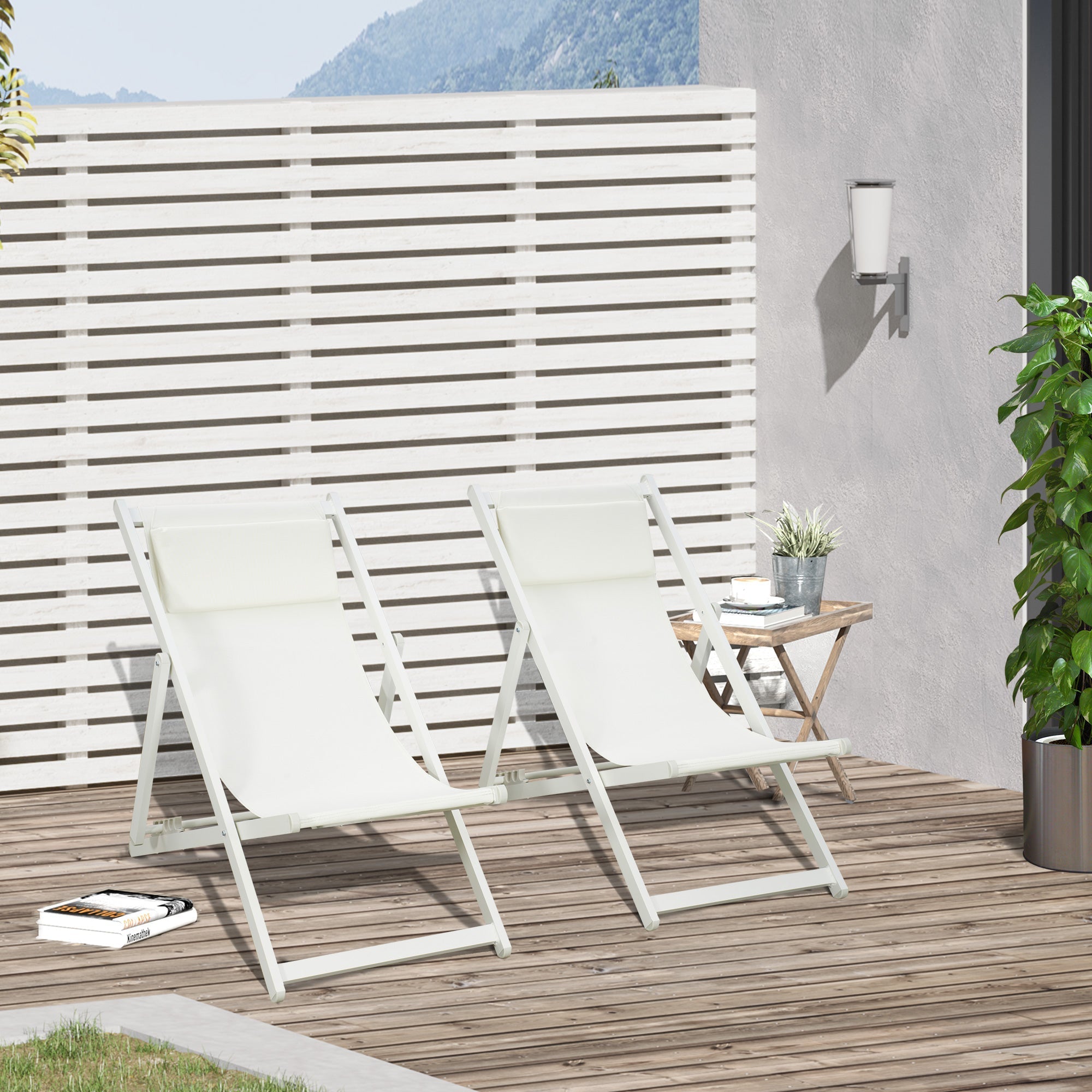 Set of 2 Folding and Reclining Outdoor Deck Chairs in Aluminum, 96.5x58x91.5 cm, Beige - Borge' Group Limited
