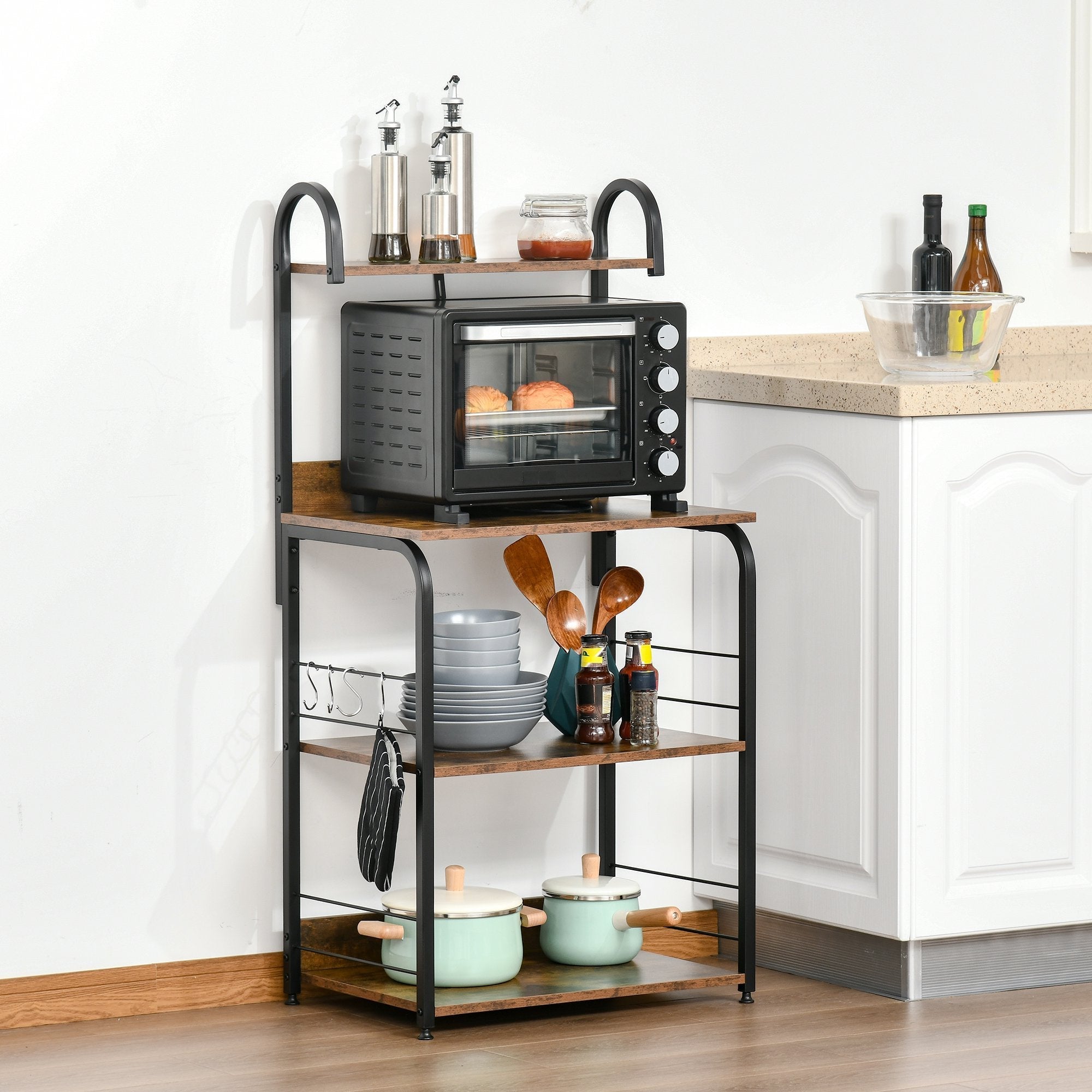 Kitchen Mobile 4 shelves and steel hooks and wood 60x40x125cm, wood - Borgè