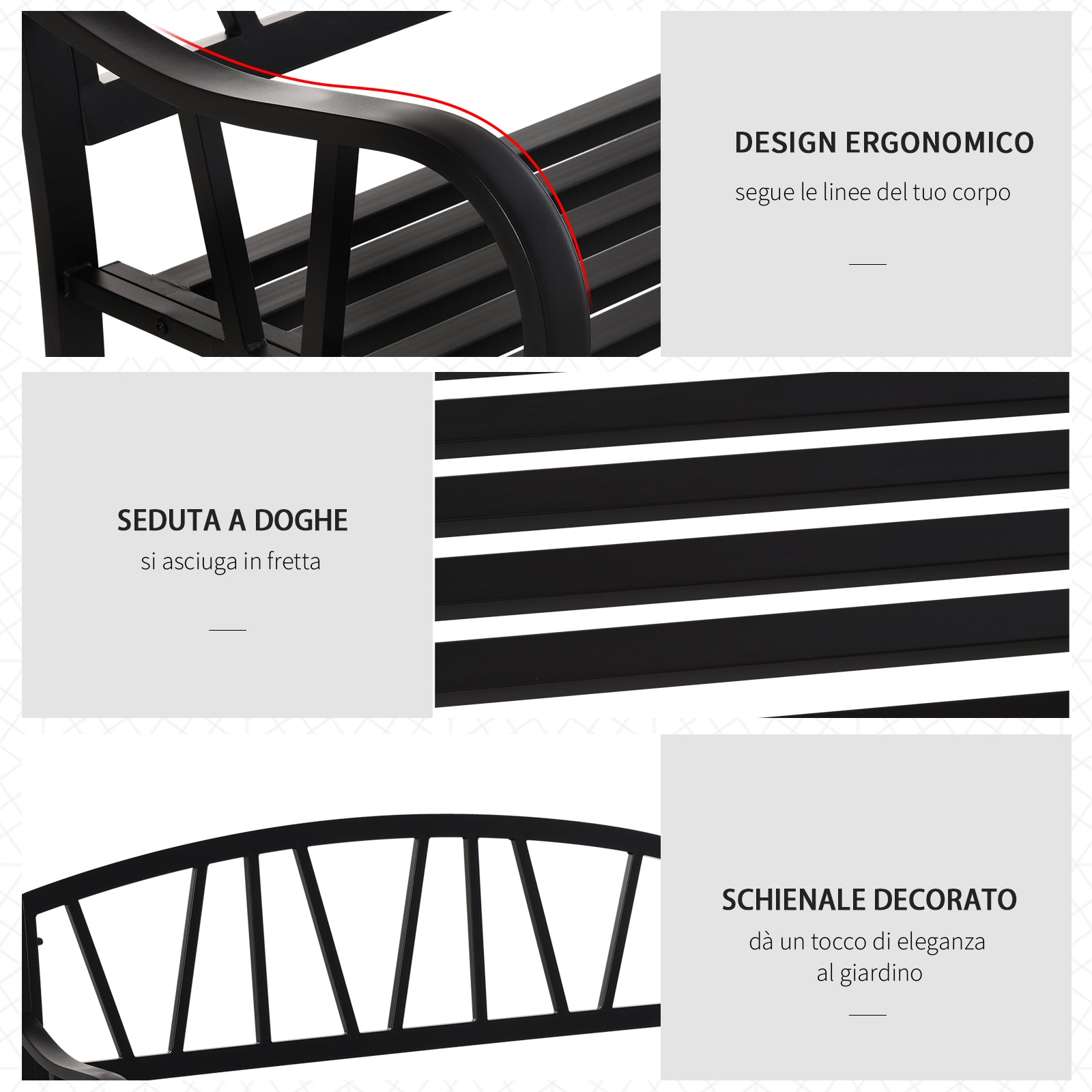 Waterproof Black Metal Garden Bench, 2-Seater Iron Outdoor Bench, 128x56x86cm - Borge' Group Limited