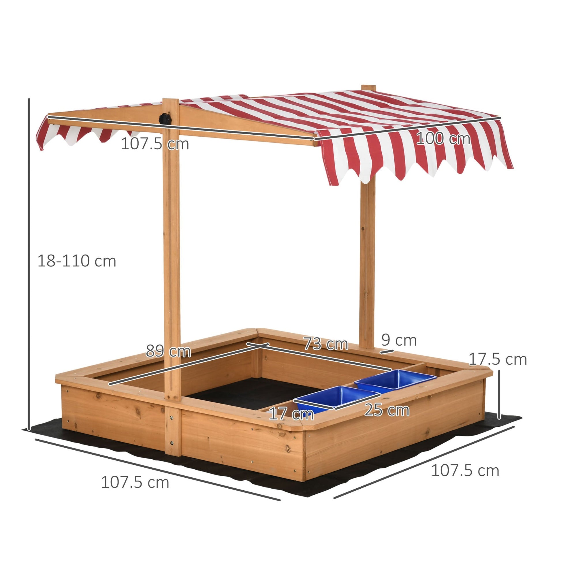 Outsunny Sabbiera for wooden children with adjustable roof, seats and trays, 107.5x107.5x110cm - Borgè