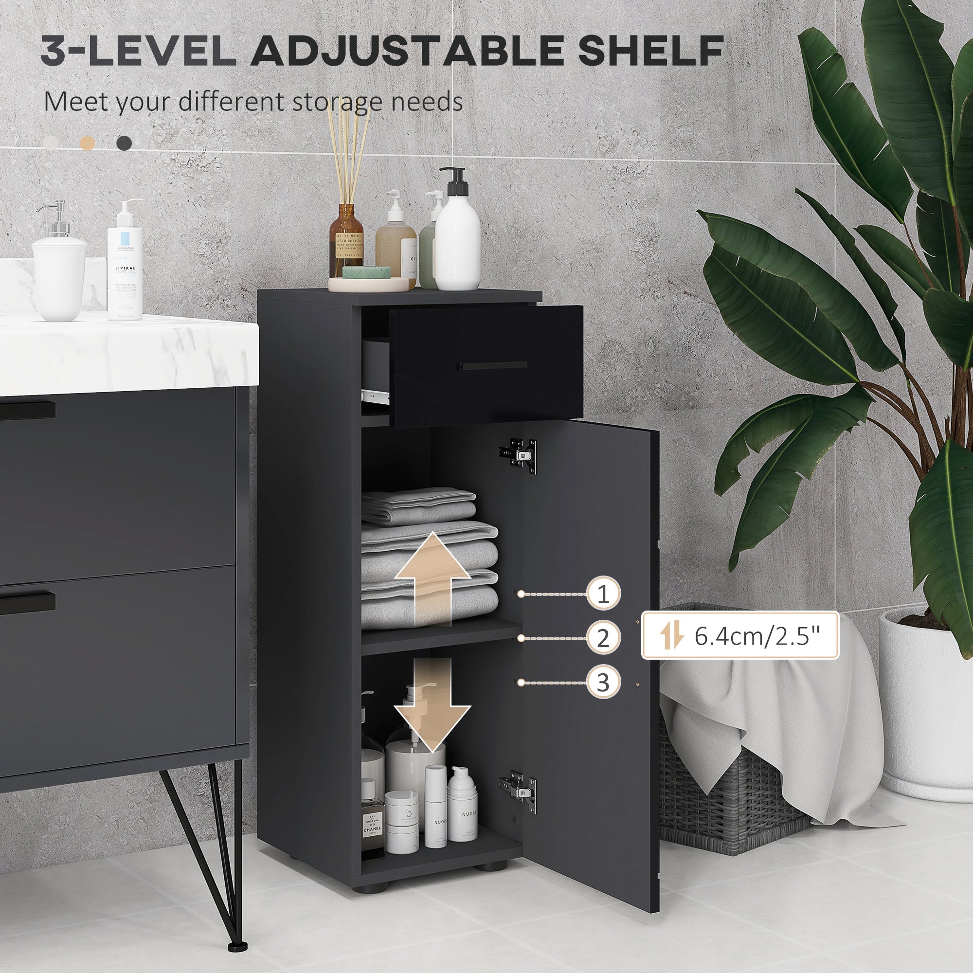 Kleankin Bathroom Cabinet in chipboard with drawer and 2nd levels adjustable, 30x30x82 cm, black and gray - Borgè