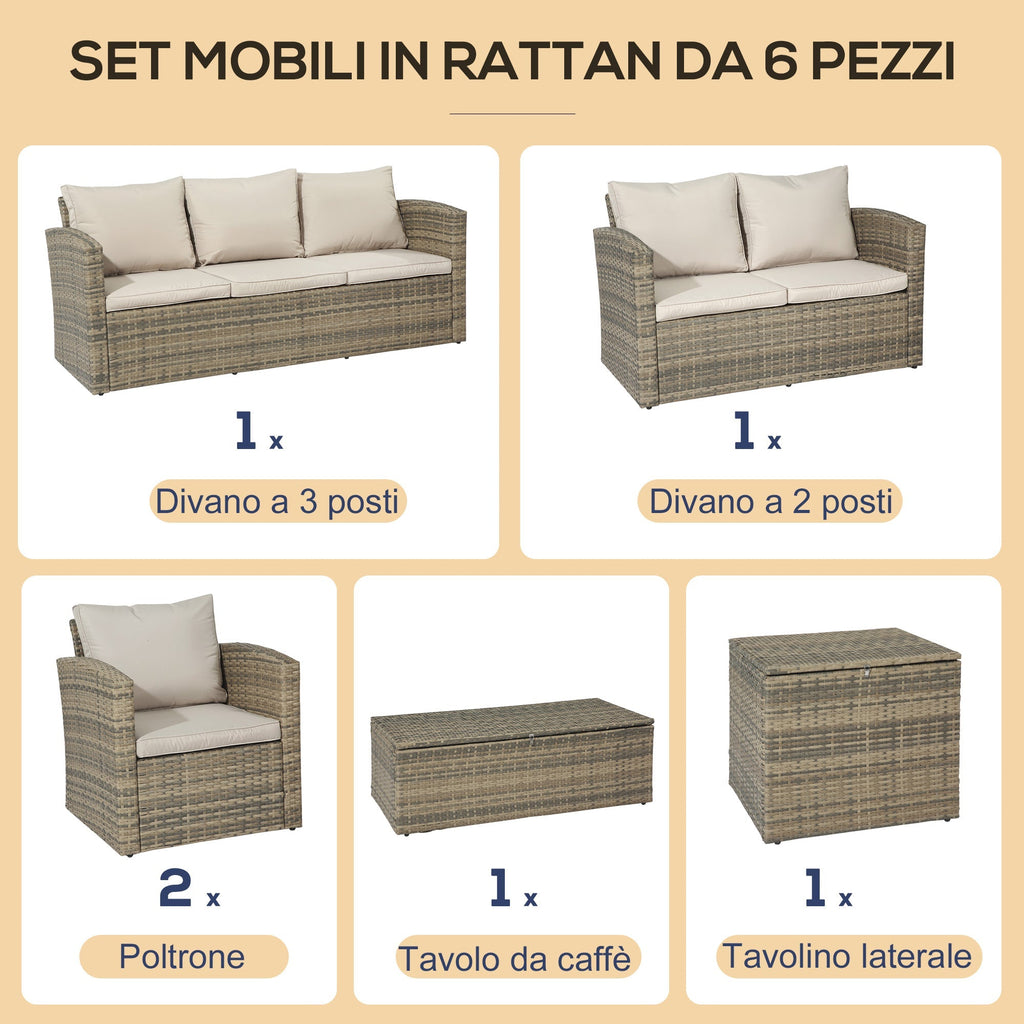 Garden Furniture Set 6 Piece Rattan Garden Furniture Set with Sofas, Armchairs and Storage Tables, Beige - Borge' Group Limited