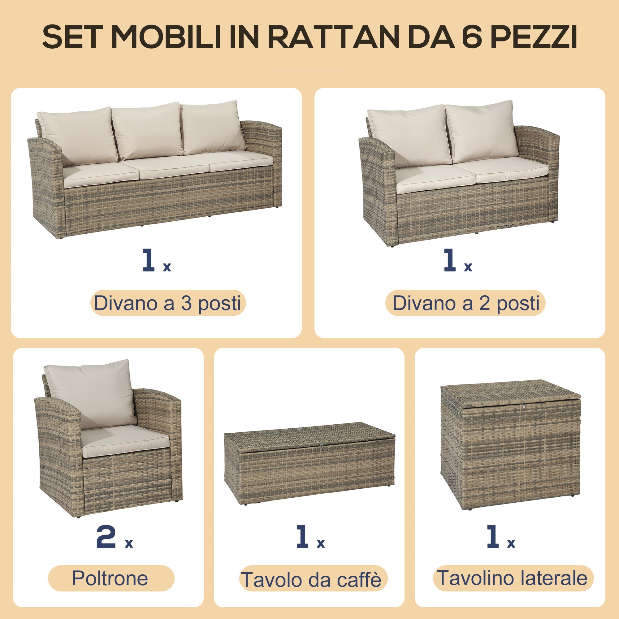 Garden Furniture Set 6 Piece Rattan Garden Furniture Set with Sofas, Armchairs and Storage Tables, Beige - Borge' Group Limited