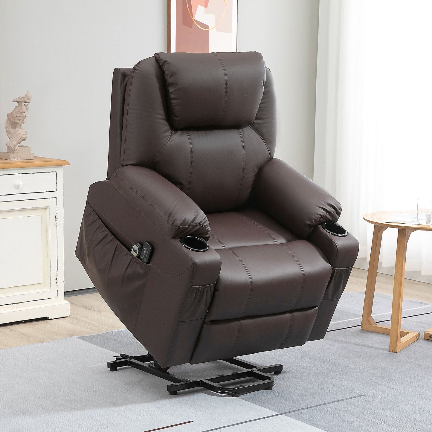 Reclinable Brown Armchair with Lift Assist up to 135 ° with Cup Holders, Remote control and Footrest | 88x92x106 cm - Borgè