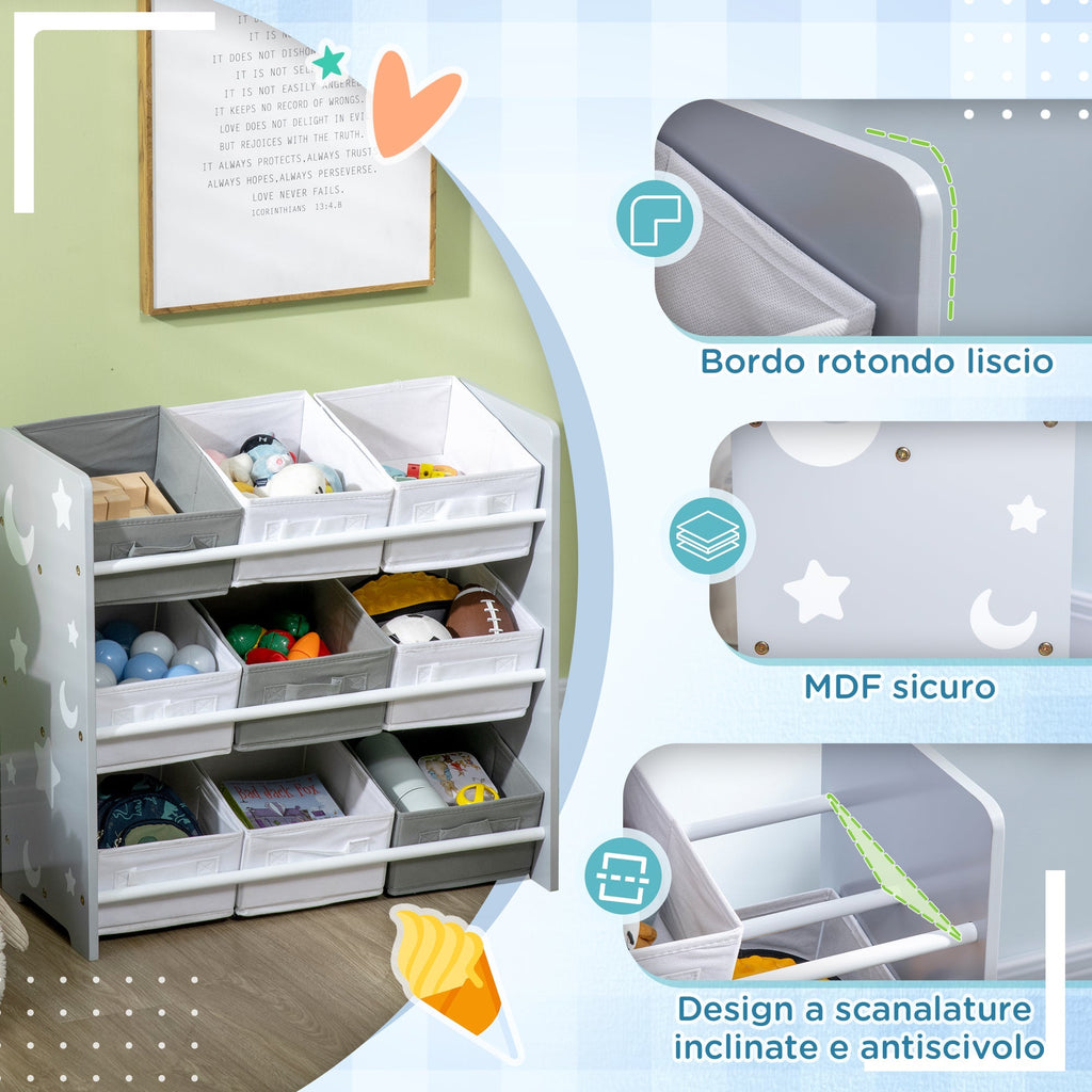 Zonekiz Portagochi cabinet with 9 basketable baskets in MDF and fabric, 63x30x60cm, Grey and white - Borgè